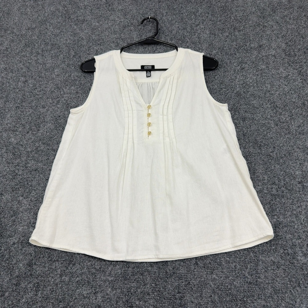 Jones New York Top Womens S White Linen Blend Sleeveless Henley Pleated Casual